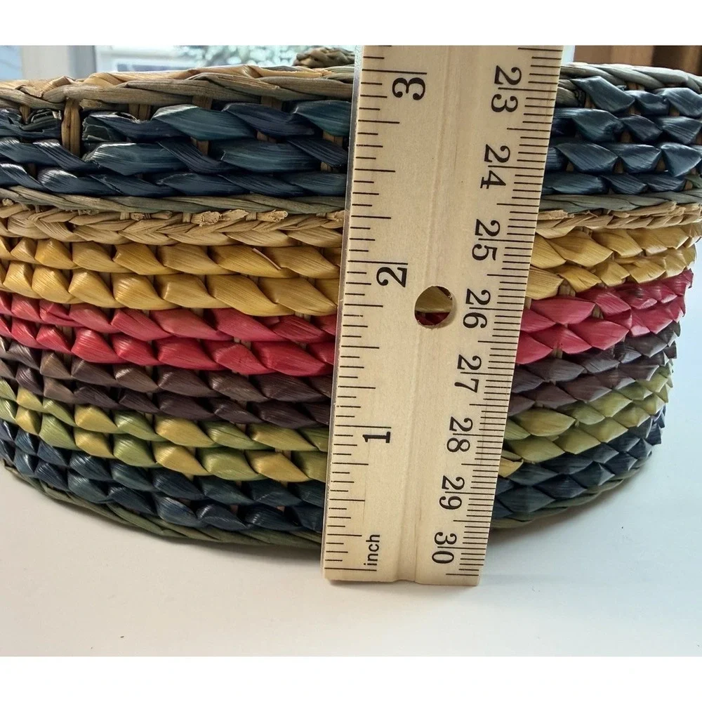 Vintage Woven Straw Nesting Baskets Set of 3 Lidded Boho Decor 1970s Striped